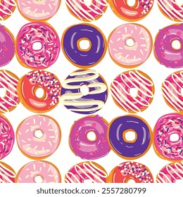 A seamless pattern of donuts with various pink purple and violet toppings on a white background, perfect for cake decorating supply designs. Donuts creates a delicious and visually appealing dessert