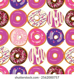 A seamless pattern of donuts with various pink purple and violet toppings.