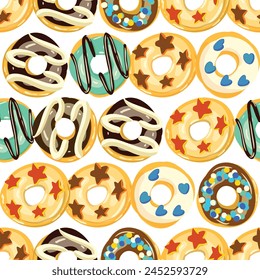 A seamless pattern of donuts with various toppings on a white background, perfect for cake decorating supply designs. Donuts creates a delicious and visually appealing dessert pattern