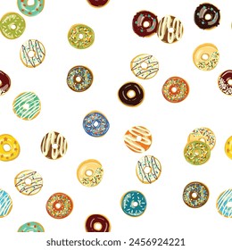 A seamless pattern of donuts with various toppings on a white background, perfect for cake decorating supply designs. Vector wallpaper print