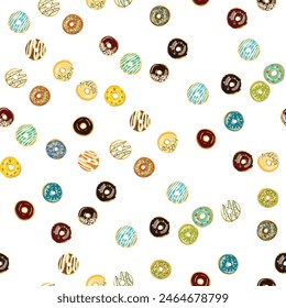 A seamless pattern of donuts with various toppings on a white background, perfect for cake decorating supply designs. Donuts creates a delicious and visually appealing dessert pattern
