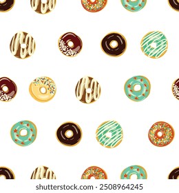 A seamless pattern of donuts with various toppings on a white background, perfect for cake decorating supply designs. Donuts creates a delicious and visually appealing dessert pattern