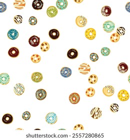 A seamless pattern of donuts with various toppings on a white background, perfect for cake decorating supply designs.