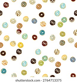 A seamless pattern of donuts with various toppings on a white background. A delicious dessert pattern