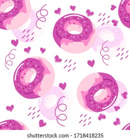 Seamless pattern with donuts vector drawings on a white isolated background. The color pattern is flat, cartoony, delicious drawing, children's background, the design of invitations, cards, menus, ban