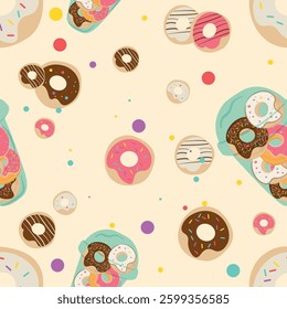 Seamless pattern with donuts. Vector illustration of sweets. Flat design
