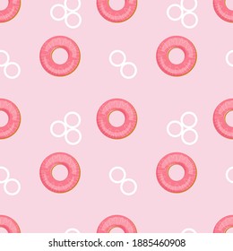 Seamless pattern with donuts and white circles on a pink background. Sweet pattern with delicious pastries. Vector illustration. Vector illustration.