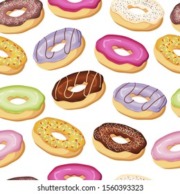 Seamless pattern of donuts.Doughnuts with chocolate, frosting and caramel.