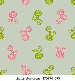 Seamless pattern with doodle abstract cherries on a green background. Vector illustration textile, announcements, postcards, invitations, posters, banners, fabric, paper.