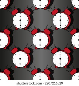 Seamless pattern with doodle alarm clock with shadow. Background with beautiful cartoon red ringing clock with a time of six o'clock in the morning.