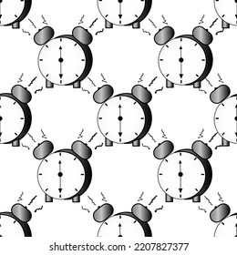 Seamless pattern with doodle alarm clock. Background with beautiful cartoon gray ringing clock with a time of six o'clock in the morning.