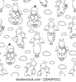 Seamless pattern with doodle angels in the sky with clouds and hearts, cartoon black and white vector illustration