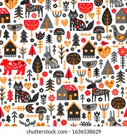 Seamless pattern with doodle animals, trees, houses, flowers, mushrooms and Nordic ornaments in Scandinavian folk art style.