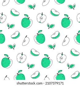 Seamless pattern doodle apple outline with spots. Whole, pieces, seeds and leaves