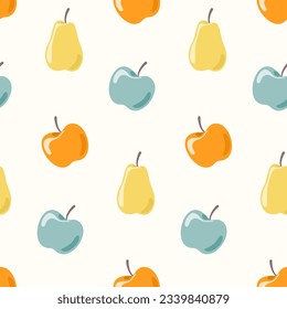 Seamless pattern doodle apples and pears on isolated background. Hand drawn background for Autumn harvest holiday, Thanksgiving, Halloween, seasonal, textile, scrapbooking, paper crafts.