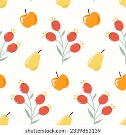 Seamless pattern doodle apples, pears and rose hips on isolated background. Hand drawn background for Autumn harvest holiday, Thanksgiving, Halloween, seasonal, textile, scrapbooking, paper crafts.