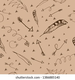 Seamless pattern with doodle arrows and feathers in brown colors. 