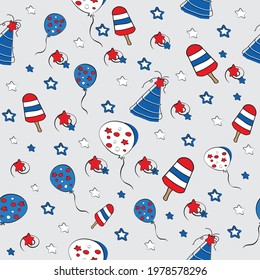 Seamless Pattern Doodle Art 4th July Hand Drawn Vector Illustration. Children's texture for fabric, wrapping paper, textile design.