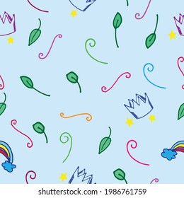 Seamless Pattern With Doodle Art Pattern, Swirl, Green Leaf, Crown And Rainbow Icon. Hand Drawn Vector. Simple Doodle Art For Wallpaper, Fabric, Textile, Wraping Paper And Gift, Backdrop. Random Sign