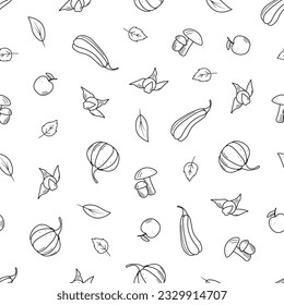 Seamless pattern doodle autumn concept. Background wallpaper autumn vegetables harvest. Vector illustration of pumpkin, squash, physalis, mushrooms, apple and leaves.