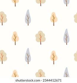 Seamless pattern of doodle Autumn forest on isolated background. Hand drawn pastel background for Autumn harvest holiday, Thanksgiving, Halloween, seasonal, textile, scrapbooking.