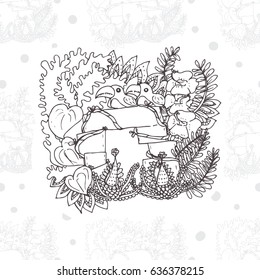 Seamless Pattern with doodle background of  toucan in forest 