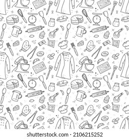 Seamless pattern with doodle baking and cooking elements. Chef uniform, cake, stand mixer, kitchen utensils. Hand drawn black vector illustration for fabric, wallpaper, recipe design.