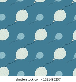 Seamless pattern with doodle balloons ornament. Light pastel tones holiday elements on navy blue soft background. Designed for wallpaper, textile, wrapping paper, fabric print. Vector illustration.