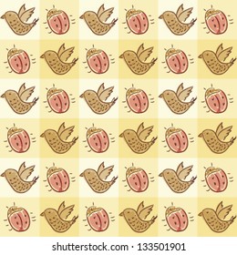Seamless pattern with doodle beetle and bird, vector background texture