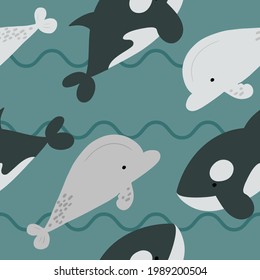 Seamless pattern with doodle beluga whale and orca on a blue background