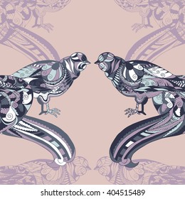 Seamless pattern with doodle birds, symmetric