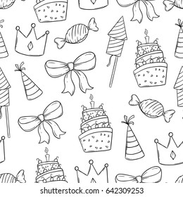 seamless pattern of doodle birthday party elements