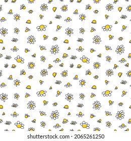 Seamless pattern with doodle black daisies on a white background. Chamomile linear ink flower wallpaper