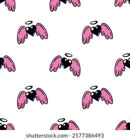 seamless pattern of doodle black hearts with pink wings and nimbus on white background, romantic valentines day texture