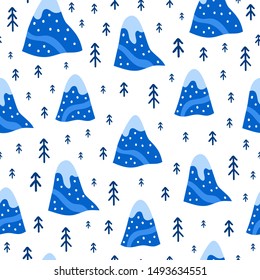 Seamless pattern with doodle blue mountains and fir trees in Scandinavian style. Perfect for kids design.