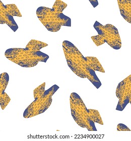 Seamless pattern with doodle blue-yellow shapes on a white square background. Used for printing on paper, fabric, packaging, wallpaper. Eps10.