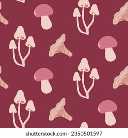 Seamless pattern of doodle boletus, chantarelle and fairy ring mushrooms on isolated background. Hand drawn background for Autumn harvest holiday, Thanksgiving, Halloween. 