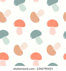 Seamless pattern of doodle boletus mushrooms on isolated background. Hand drawn background for Autumn harvest holiday, Thanksgiving, Halloween, seasonal, textile, scrapbooking, paper crafts.