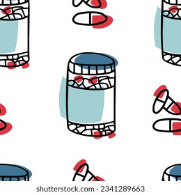 Patrón sin inconvenientes Frasco de Doodle con pastillas. Día del SIDA. Tratamiento del VIH. pastillas
