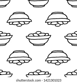 Seamless pattern doodle bowl with eggs or potato icon. Hand drawn black sketch. Sign symbol. Decoration element.  Isolated on the white background. Flat design. Vector illustration.