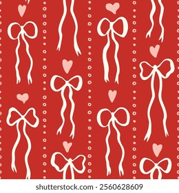 Seamless pattern with doodle bows, hearts. Trendy vertical stripe background. Hand drawn vector illustration. Valentine's day wrapping paper, social media cottage core banner.