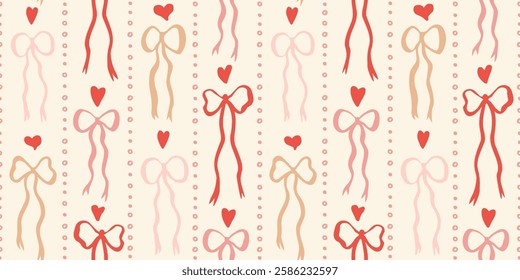 Seamless pattern with doodle bows, hearts. Trendy vertical stripe background. Hand drawn vector illustration. Valentine's day wrapping paper, social media cottage core banner.