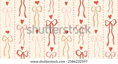 Seamless pattern with doodle bows, hearts. Trendy vertical stripe background. Hand drawn vector illustration. Valentine
