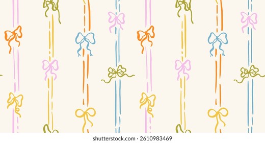 Seamless pattern with doodle bows and lines. Trendy vertical stripe background. Hand drawn vector illustration. Coquette wrapping paper, wallpaper, social media cottage core banner.
