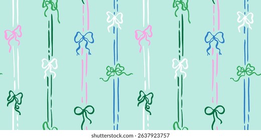 Seamless pattern with doodle bows and lines. Trendy vertical stripe background. Hand drawn vector illustration. Coquette wrapping paper, wallpaper, social media cottage core banner.