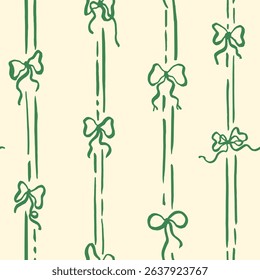 Seamless pattern with doodle bows and lines in green. Trendy vertical stripe background. Hand drawn vector illustration. Coquette wrapping paper, wallpaper, social media cottage core banner.