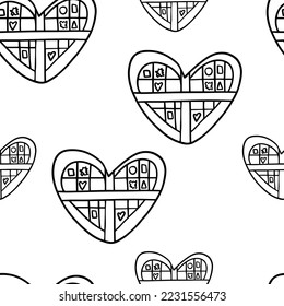 Seamless pattern Doodle box of chocolates in the shape of a heart