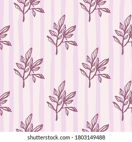 Seamless pattern with doodle branch silhouettes. Lilac outline ornament on light stripped background. Creative print for wallpaper, textile, wrapping paper, fabric print. Vector illustration.