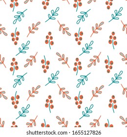 Seamless pattern with Doodle branches, leaves and orange berries. Sea-buckthorn. Organic healthy food background. Botanical texture for textiles, paper and more. A hand-drawn vector is flat.
