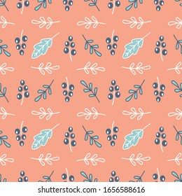 Seamless pattern with Doodle branches, leaves and blue berries on pink. Organic healthy food background. Botanical texture for textiles, paper and more. A hand-drawn vector is flat